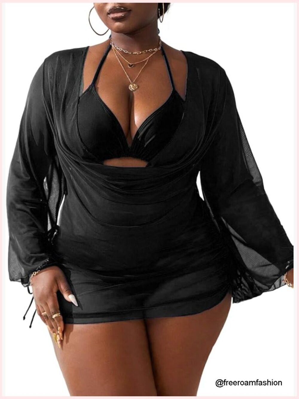 Plus Size 3 Piece Bikini Set Halter Triangle Swimsuit with Cover Up
